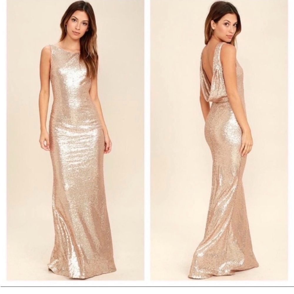 Lulus Elegant Sequin Evening Gown maxi wedding bridesmaid prom champagne
